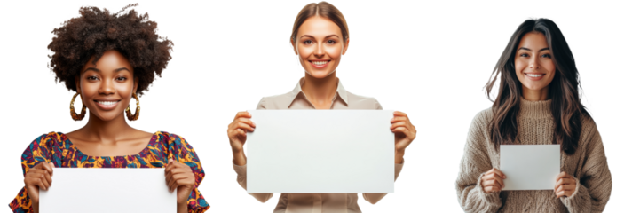 An executive manager who is female is holding a white banner that is blank.