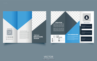 Blue trifold brochure with geometric shapes. For the layout