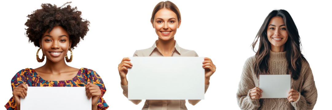 An executive manager who is female is holding a white banner that is blank. - Powered by Adobe