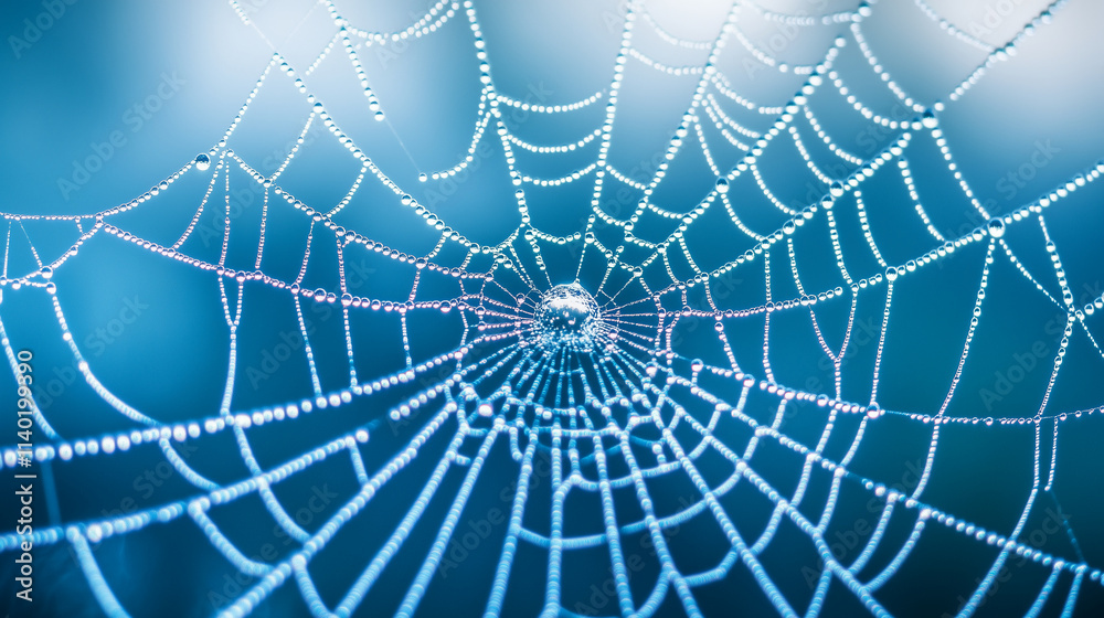 Wall mural close-up of a spider web covered in morning dew, with fog