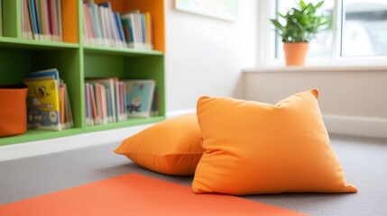 Vibrant classroom with a reading corner, empty beanbags, shelves filled with books, and a welcoming, inclusive atmosphere for learning.