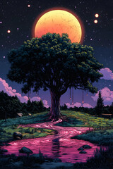 A vibrant landscape with a large tree and moon.