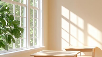 Fototapeta premium The empty classroom interior had sunlight streaming through large windows, neatly arranged desks and chairs, no students or teachers present, a minimalistic and serene atmosphere.