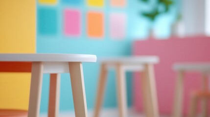 The classroom features a soft blur, educational posters on vibrant walls, modern furniture, and an air of preparedness for learning.