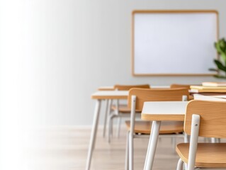The bright school classroom in soft focus, desks and chairs facing a whiteboard, modern learning space empty of students, inviting atmosphere.