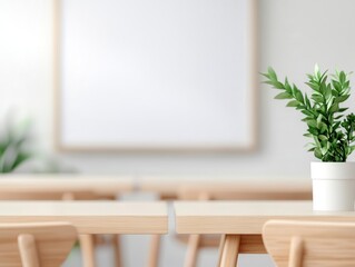 Fototapeta premium Bright school classroom in soft focus, desks and chairs facing a whiteboard, modern learning space empty of people, inviting setup