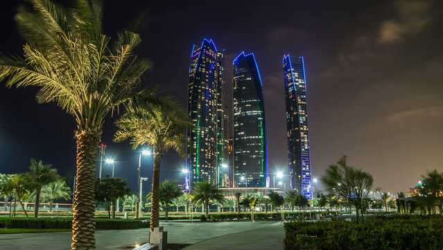 Famous towers buildings in Abu Dhabi night timelapse hyperlapse.