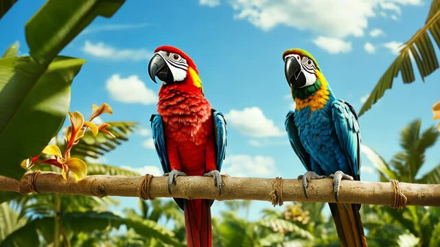 Vibrant macaws perched on a branch under a clear blue sky in a tropical setting with lush greenery