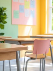 Fototapeta premium Blurred view of a sunny classroom, pastel walls with inspirational posters, no students, clean desks aligned, welcoming study area.