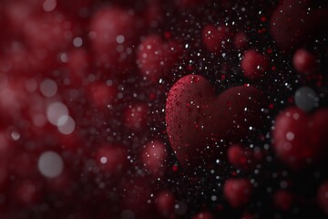 A single red heart covered in water droplets stands out against a background of blurred hearts and bokeh.