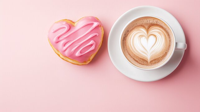 Cup of cappuccino with heart shaped latte art and pink heart shaped donut on soft pastel pink, Valentine's day, love and romantic concepts. - Powered by Adobe