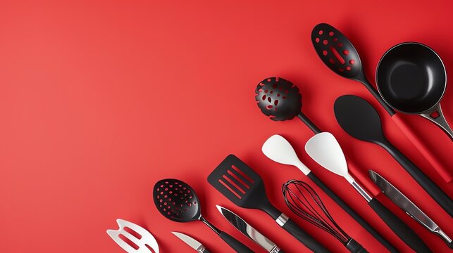 A variety of kitchen utensils on a red background.