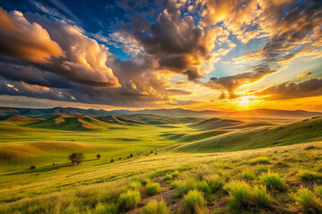 serene wide angle shot of vast steppe landscape at sunset, showcasing rolling hills, vibrant green grass, and dramatic clouds illuminated by warm sunlight