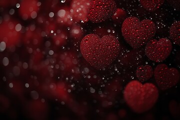 Red heart-shaped ornaments covered in water droplets against a red background with bokeh lights.