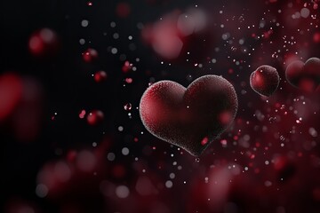 A red heart with a sparkle texture, floating in a dark background with a few scattered red and white orbs.