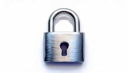 Fototapeta premium Shiny Metallic Silver Padlock with Keyhole on White Background. Security, Protection, Privacy Concept for Online Data Safety, Physical Locks, Access Control, and Anti Theft Solutions