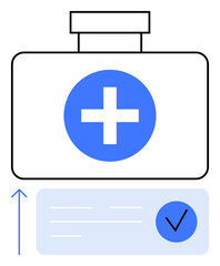 Medical kit with a blue cross symbol, and a document with a blue checkmark. Ideal for healthcare, first aid, medical approval, safety guidelines, emergency preparedness, health insurance, medical