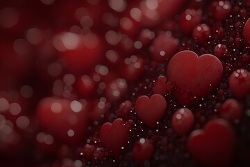 Red heart shapes and bokeh blur create a romantic and abstract Valentine's Day background.