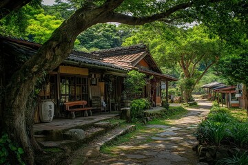 Picturesque Asian village houses nestled amongst lush greenery, a tranquil path leads through the scene.