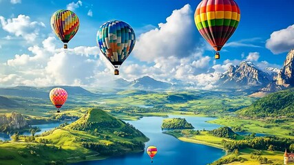 Multiple vibrant hot air balloons float above a lush landscape, featuring serene lakes and rolling hills, under a clear blue sky, conveying a sense of freedom and adventure.