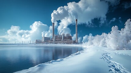 Fototapeta premium Winter Power Plant Steam Rising Over Snowy Landscape