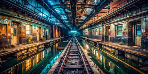 Fototapeta premium Abandoned NYC Subway Station Urban Exploration Photography - Dark, Gritty, Mysterious
