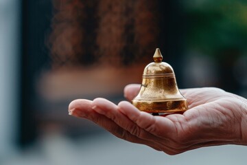 A small golden bell rests in the open palm of an elderly hand, symbolizing care, value, and tradition.