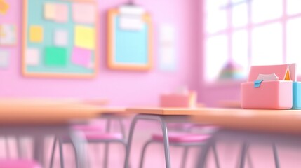 A cozy classroom environment in focus with a wall-mounted bulletin board and filled rows of desks.