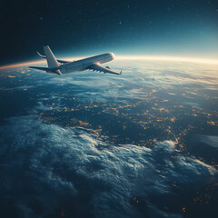 Fototapeta premium In the sky, an airplane is flying over the earth.