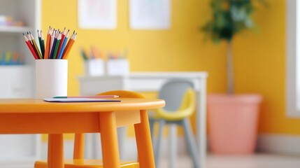 In the background, all softly blurred, lies a classroom adorned with vibrant decorations and learning materials.