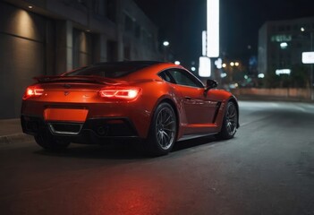 A bright red sports car is parked on the street during the night