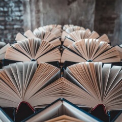 Naklejka premium There are open books on a large table, view from above, the books create a geometric pattern