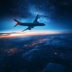 Naklejka premium In the sky, an airplane is flying over the earth.