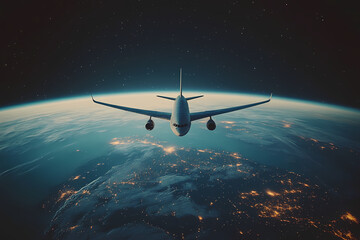 Naklejka premium In the sky, an airplane is flying over the earth.