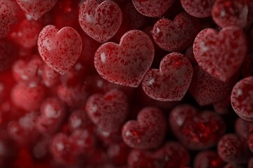A cluster of glistening red heart shapes create a romantic and festive background.