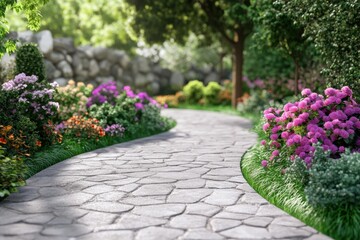 Obraz premium Pathway through a vibrant garden filled with blooming flowers in natural sunlight
