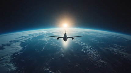 Naklejka premium In the sky, an airplane is flying over the earth.