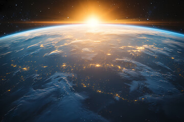 Fototapeta premium In the sky, an airplane is flying over the earth.