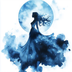 illustration of captivating and ethereal  radiant and graceful moon nymph lowing with lunar magic and illuminating the night sky watercolor style on white background