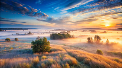 serene high angle shot of vast, rolling plain at sunrise, with mist covering landscape and trees dotting horizon. sky is painted with vibrant colors, creating peaceful atmosphere
