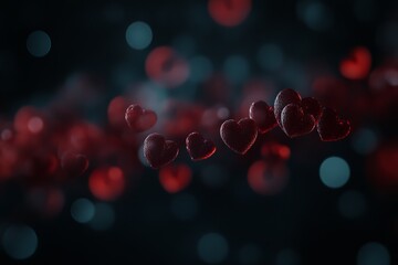 Red heart shapes float in a dark, romantic background.