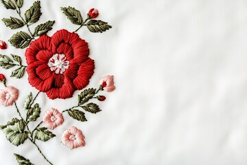 Exquisitely embroidered floral design on white fabric