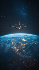 Naklejka premium In the sky, an airplane is flying over the earth.