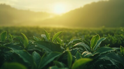 22.Close-up of dewy tea leaves in a sprawling tea garden with rolling hills in the distance; crisp morning air and cool light illuminate the fresh greenery, giving a serene, peaceful ambiance.