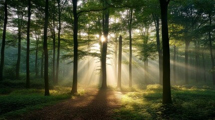 Tranquil Forest at Sunrise with Rays of Light Shining Through Trees