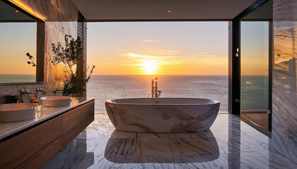 Beautiful luxurious bathroom with a bathtub made of marble with large windows overlooking the ocean at sunset