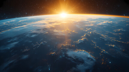 In the sky, an airplane is flying over the earth.