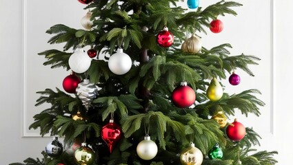 A festive Christmas tree adorned with a vibrant array of colorful ornaments, capturing the spirit of the holiday season. A close-up of a beautifully decorated Christmas tree. 2