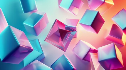Obraz premium Abstract geometric background with floating cubes and a pyramid, rendered in 3D.