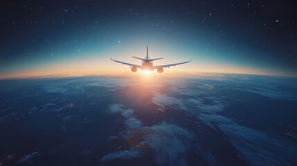 Naklejka premium In the sky, an airplane is flying over the earth.